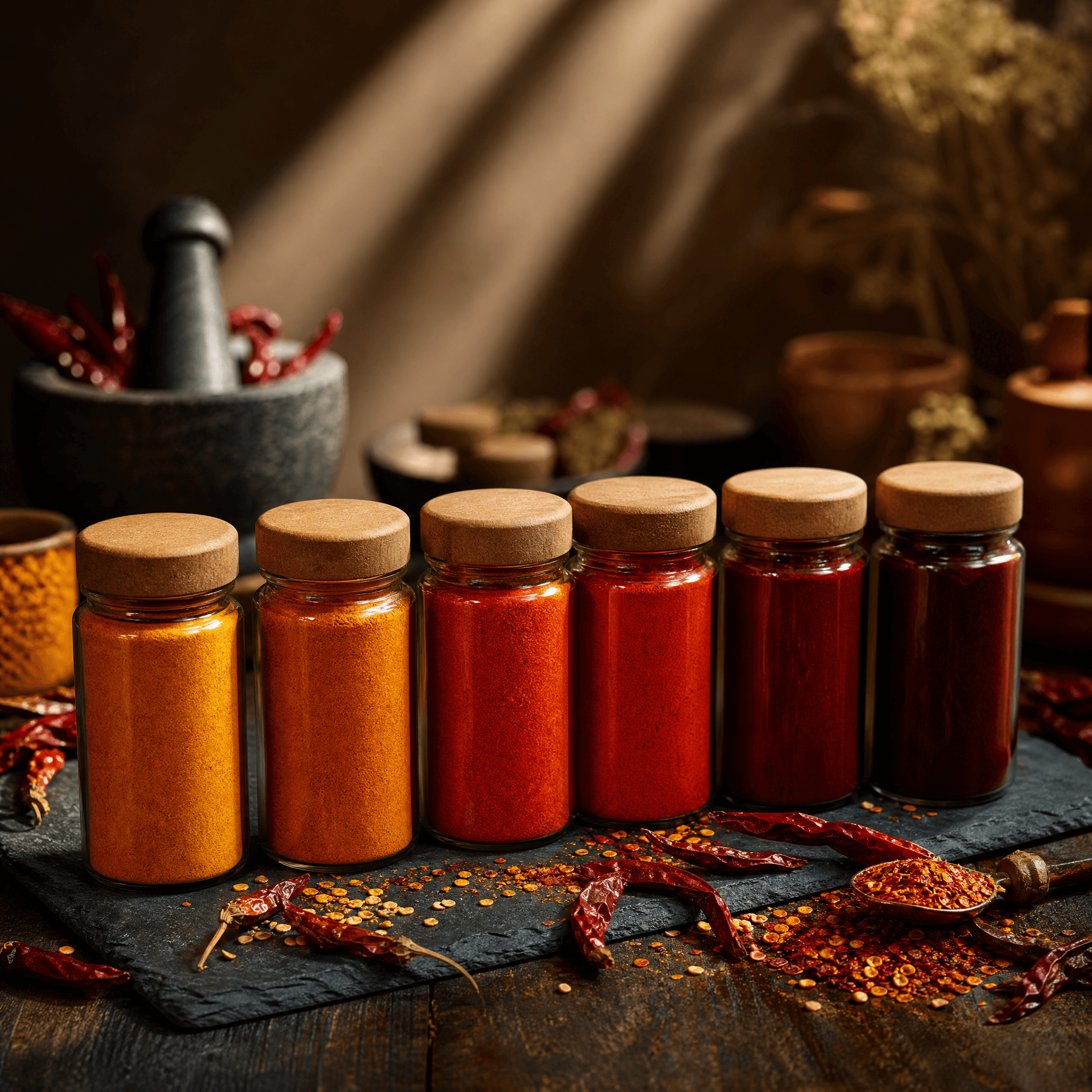 Chilli Lover's Heat Ladder — Six blends climbing from mild to extra-hot with a heat map card.