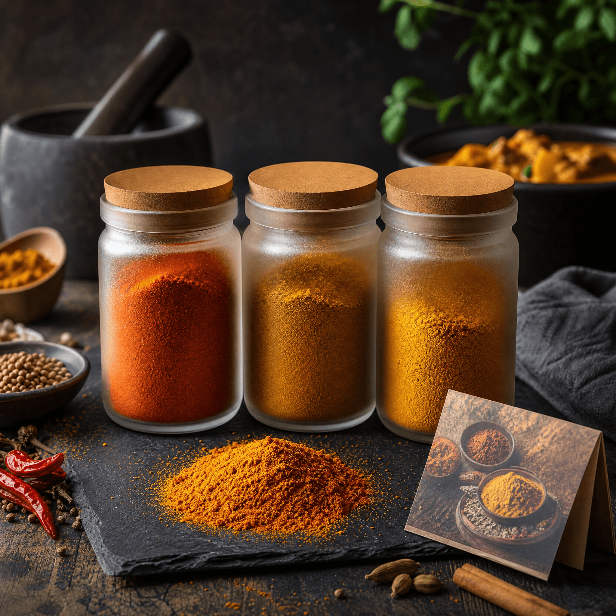 Firehouse Curry Kit — Three curry bases in mild, medium and hot with a method card.