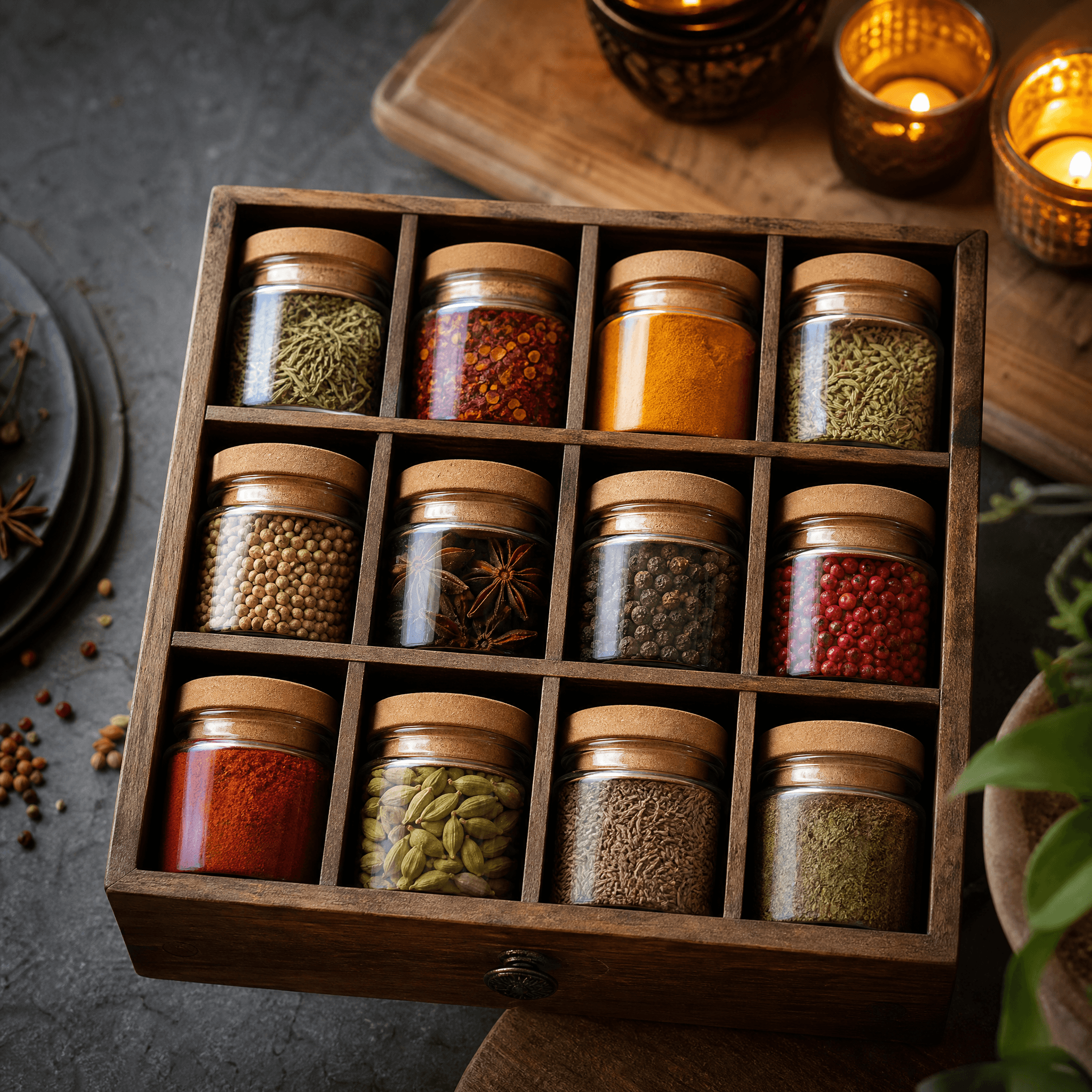 Global Feast Advent Set — Twelve mini world-cuisine jars in a drawer box with recipe cards.