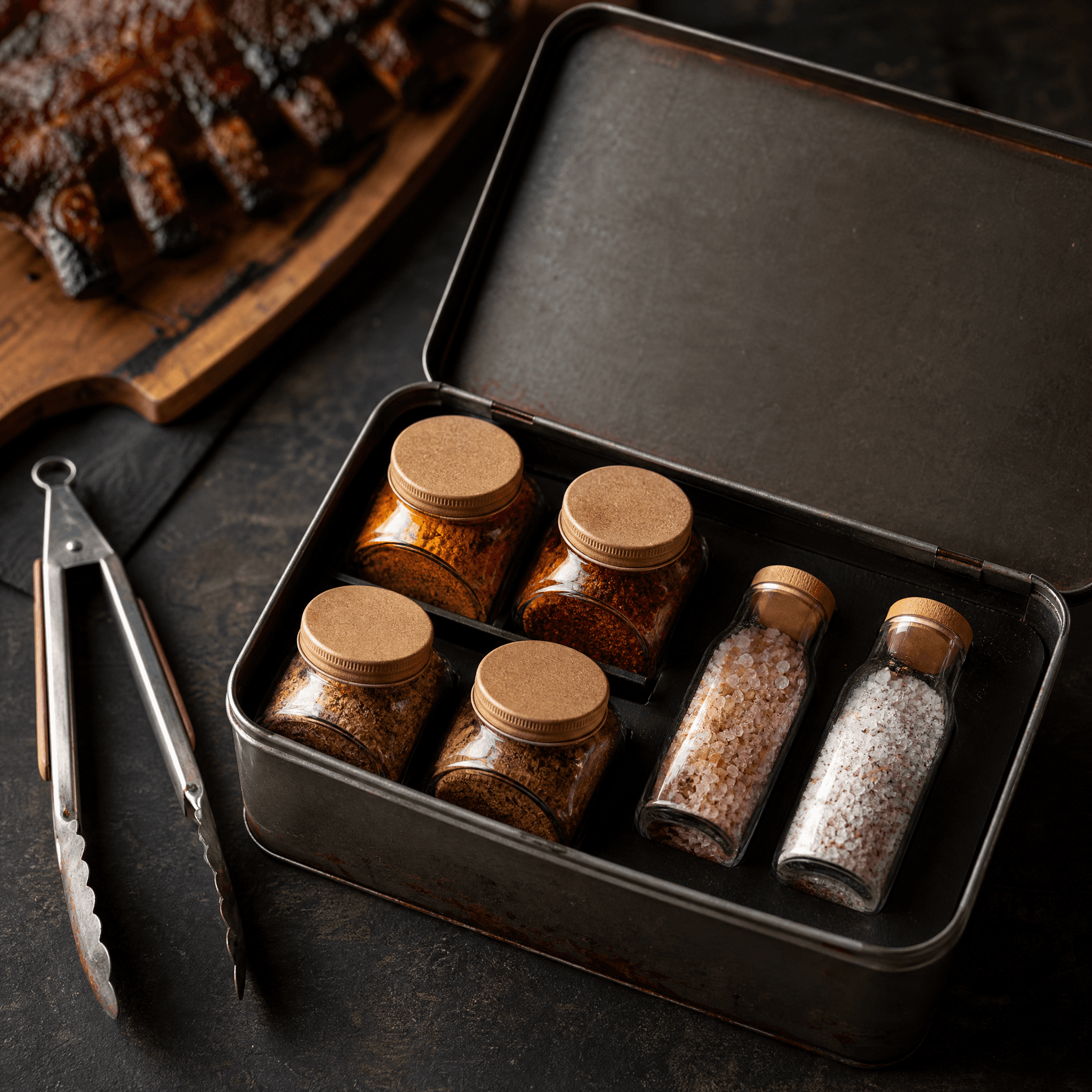 Grill Master Toolbox — Four rubs plus two finishing salts in a metal tin.