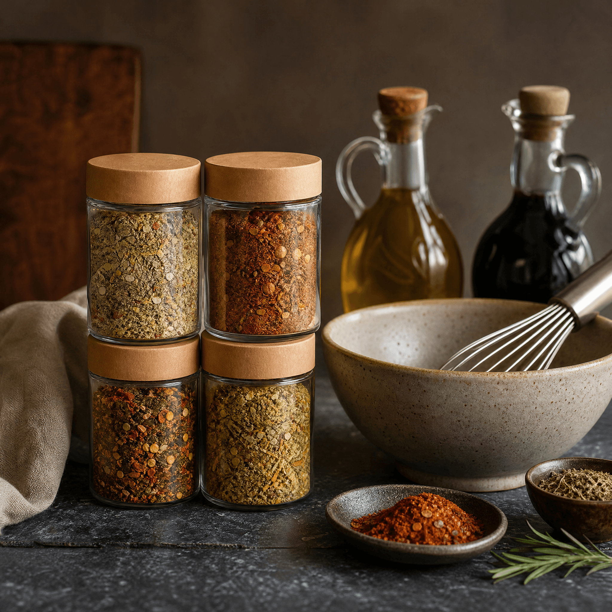 Marinade Maker Kit — Four dry marinade bases with a mixing-ratio card. Add oil and vinegar.