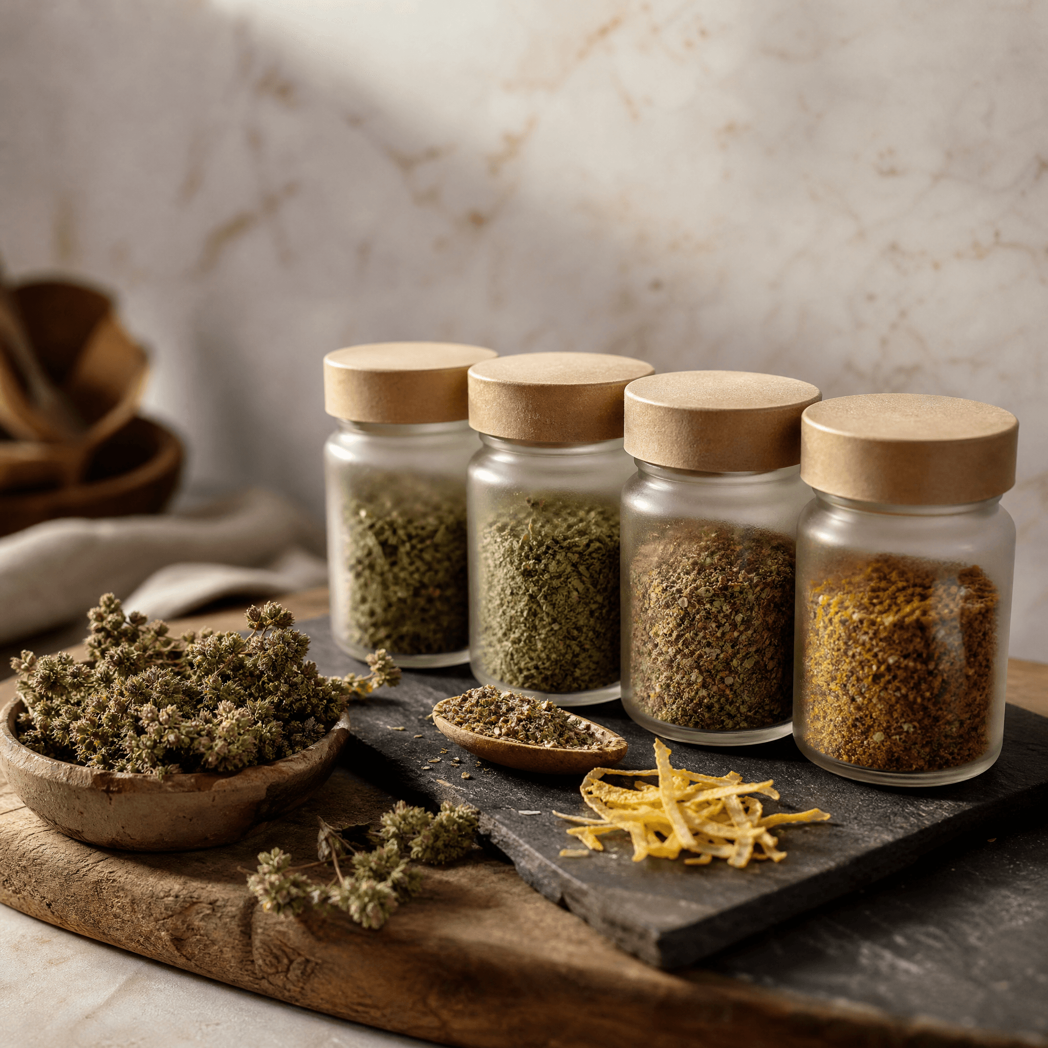 Mediterranean Herb Set — Four Mediterranean herb blends for salads, roast veg and fish.