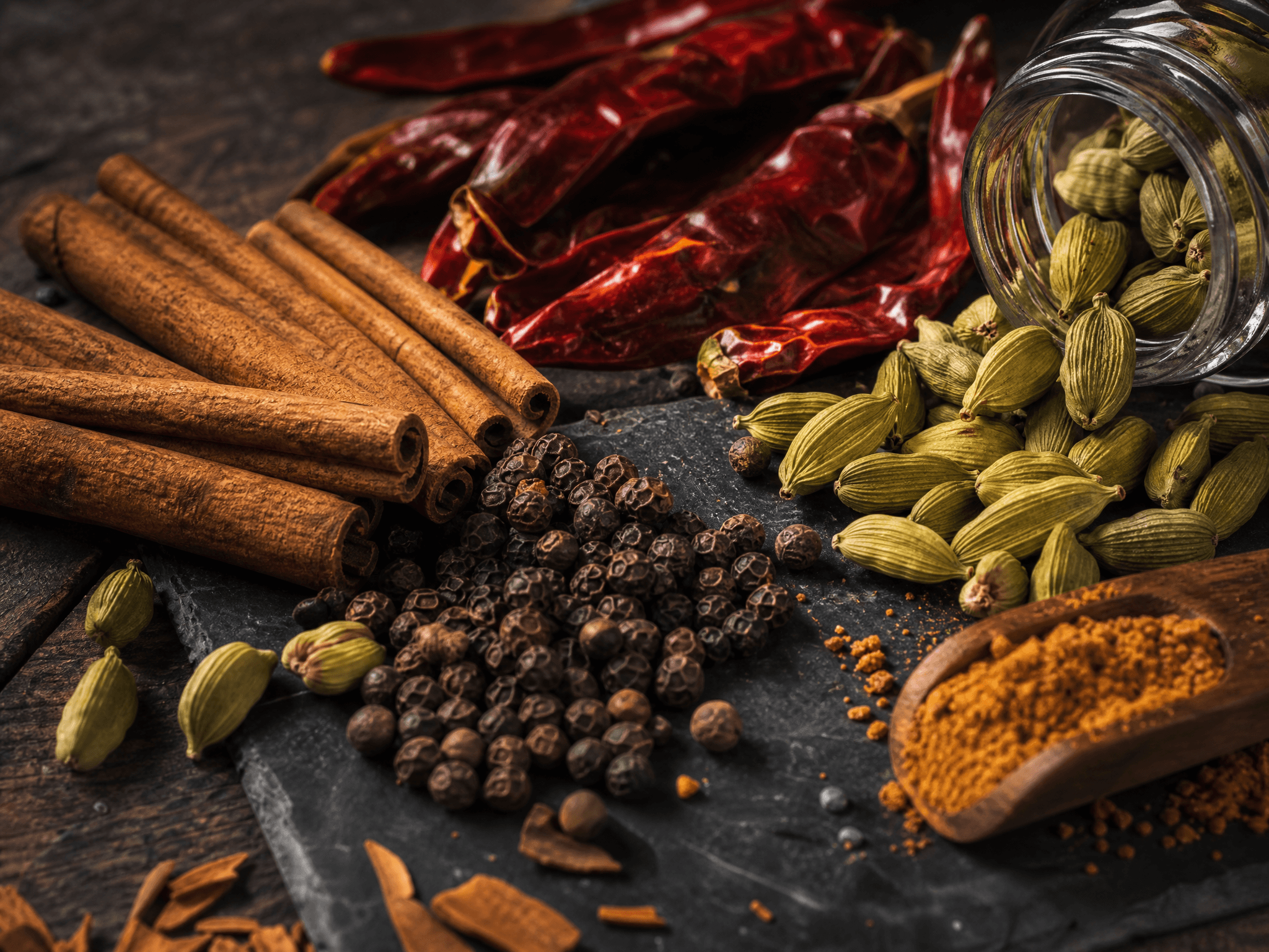 Whole cardamom pods, dried chillies, cinnamon bark and peppercorns on dark slate